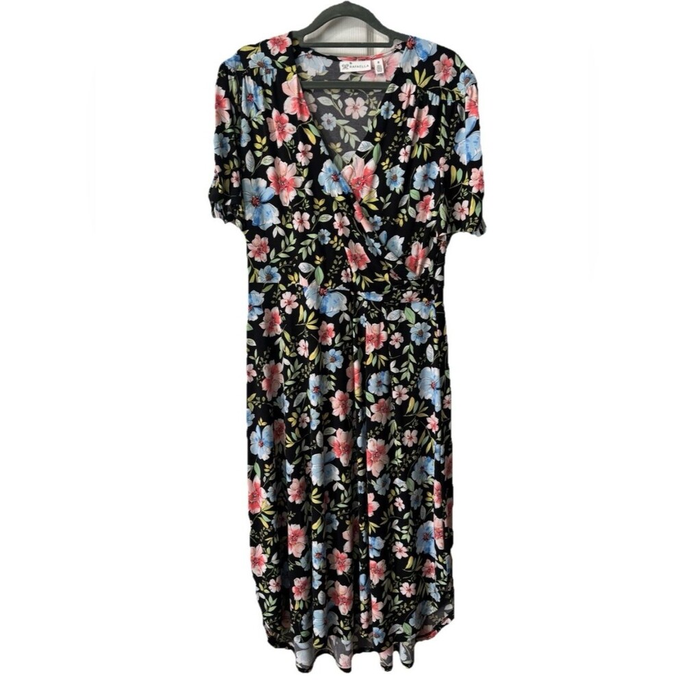 Rafaella Black Floral Dress V Neck Sz Medium Feminine Bust 38 Length 48 in EUC